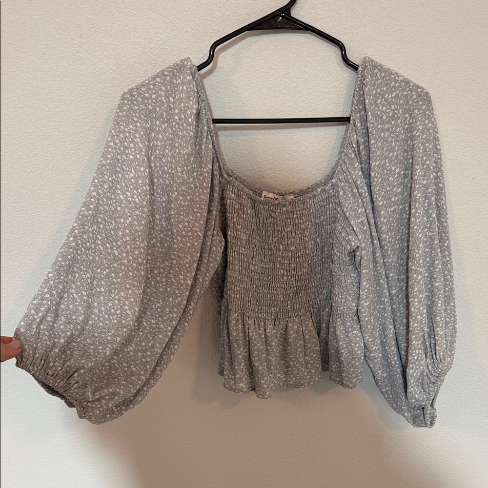 Dainty Hooligan Heather Gray Smocked Square-Neck Crop Top with Balloon Sleeves